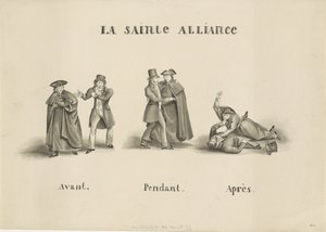 Tegneserie af alliancen mellem det romerske præsteparti og det liberale parti mod den hollandske regering, 1828 La Sainte Alliance (titel på objekt) af Unknown