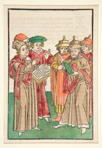 Tre kristne og tre jødiske lærde disputerer, illustration fra Der Seelen-Wurzgarten af Unknown