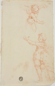 To vingede Putti, en flyvende af Unknown