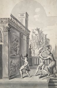 Uidentificeret emne (tre figurer på et scenesæt?) af Unknown