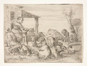 Uden titel (bondefamilie med hunde og lam i et landskab) af Unknown