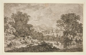 Uden titel [Pastoral scene - bjergrigt landskab nær vandmasse og fem figurer] af Unknown