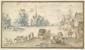 Landsbygade med kvæg og vogne af Unknown