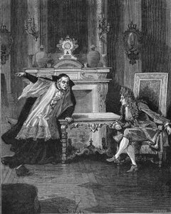 1715: Kongen af Frankrig Ludvig XIV (1638-1715) hører ordene fra fader Michel Le Tellier (1643-1719), hans jesuiter skriftefader. Indgravering af det 19. århundrede. I "Histoire de France" af Jules Michelet af Unknown artist