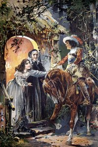 Illustration fra det 19. århundrede, der viser en episode af en børnefabel: en ridder på besøg hos en ung pige og hendes bedstemor. Gravering. af Unknown artist