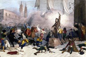 2/05/1808: Madrid-opstand mod den franske overtagelse af Spanien. Indgravering af det 19. århundrede af Unknown artist