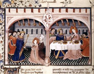 6. novelle: Giovanna spiser frokost med Federigo Alberighi, er en belysningsuddrag fra Boccaccios Decameron (1432) af Unknown artist