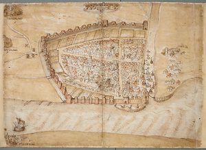 En repræsentation fra det 16. århundrede af byen Hull. Dette kort viser byen Hull, der ligger hvor floden Hull løber ud i Humber-mundingen. Det er en af en række planer, der blev tegnet for at vise tilstanden af kystforsvar i slutningen af omkring 153. af Unknown artist