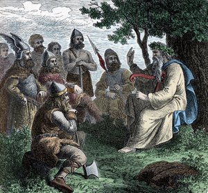 A Bard Reciting to Northmen - Viking Civilization: A Bard Druid Recite Poesy to Warriors, 8.-9. århundrede af Unknown artist