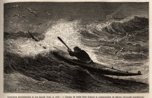 En grønlandsk kajak, der passerer bølgehinden. Gravering til illustration af rejsen til det frie hav af den arktiske pol, af Doctor Hayes, kirurg fra den amerikanske flåde, i 1860-1862, offentliggjort i "Le tour du monde, nouveau journal des voyages", redi af Unknown artist
