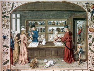 En miniature smykkebutik fra "" Le lapidaire de Jean (Jehan) de Mandeville (1300-1372)" Paris fra det 15. århundrede, B.N. af Unknown artist