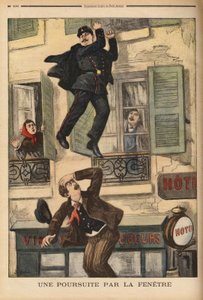 En politibetjent i Montreuil tøver ikke med at kaste sig ud ad vinduet for at forfølge en indbrudstyv, som netop er sprunget for at undslippe sine forfølgere. Indgravering i "" Le petit journal"" 17/12/1899. Selva samling. af Unknown artist