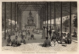 En bonzeordinationsceremoni i et tempel i nærheden af Angkor, Cambodja. Gravering til illustration af udforskningsrejsen i Indokina af Francis Garnier, løjtnant de Vaissseau, i 1866-1868, udgivet i "" Le tour du monde""" 1870-1871, redigeret af af Unknown artist
