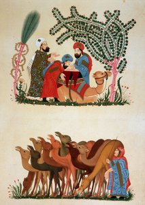 En campingvogn på vej. Illustration af det 13. århundrede af "" Maqamat"" (Seances) af Abu Mohammed al-Kasim ibn Ali Hariri (eller Al-Hariri eller Al Hariri) (1054-1122) i "" Arab Art"" fra monumenterne i Kairo fra det 7. århundrede til det 18. århundrede  af Unknown artist