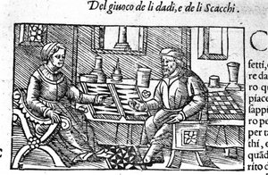 Et par spiller terninger. Stik efter "Historia de gentis septemtrionalis" af Olaus Magnus, Rom 1560. af Unknown artist