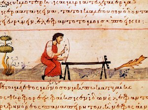 En håndværker, der arbejder med elfenben. Miniature fra jagtbranchen "" The Cynegetics "" af Oppian (Oppian eller Oppianus) fra Syrien (3. århundrede e.Kr.) dedikeret til Caracalla. Venedig fra det 11. århundrede. Biblioteca Marciana af Unknown artist