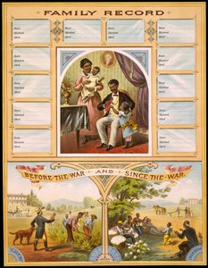 Et diagram, der viser to gårde, der sammenligner slaveri og frihed. Høj del reserveret til optagelse af familiejubilæer. Stik v. 1880. af Unknown artist