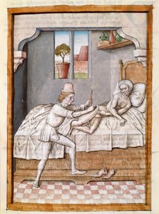 En læge behandler en miniaturepatient fra en tysk oversættelse af fablerne om "Kalila (Calila) og Dimna" af Bidpai. (ms. 1389, fol. 23) omkring 1480 Chantilly, museum Conde af Unknown artist