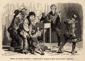 En spåkone i gaderne i Edo (nu Tokyo). Gravering til illustration af rejsen til Japan af Aime Humbert, minister for Det Schweiziske Forbund, i 1863-1864, udgivet i "" le tour du monde"", under ledelse af Edouard Charton, Hachette, Pari af Unknown artist