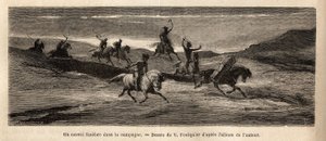 En begravelseskonvoj i det islandske landskab, ledet af en hest, der bærer kisten, efterfulgt af omkring tredive mennesker og en flok hunde, der råber og gøer hele dagen, standser ved hvert hus for at drikke et glas alkohol, så funebre fortsætter af Unknown artist