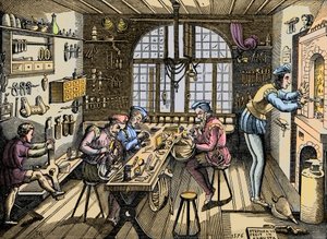 Et guldsmedeværksted - Håndværk: udsigt over værkstedet af Etienne Delaune (1518-1583), guldsmed, fransk bogtrykker. Gravering efter en original fra 1576. Værksted af Etienne Delaulne, en guldsmed i Paris af Unknown artist