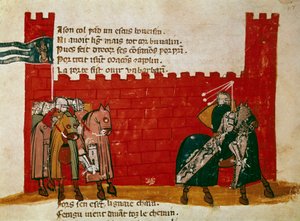 En gruppe riddere, der forlader et miniatureslot fra "" Entree of Spain"". Venedig fra det 14. århundrede, Biblioteca Marciana af Unknown artist