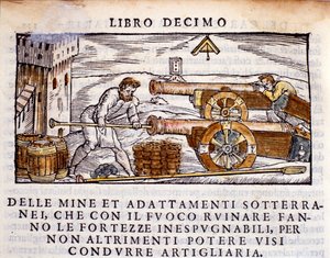 En skytte læsser en pistol med sprængstoffer. Indgravering fra metallurgimalkningen "" De la Pyrotechnia"" (eller Pirotechnia) af Vannoccio Biringuccio (1480-1539) 1550. af Unknown artist