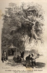 En eremit i Kyoto (eller Kioto), isolerer sig i en hytte beliggende i grenene af et træ, på en lille ø, eremitten kan kun regne med generositeten fra indbyggerne i regionen, som giver ham hans mad; overfor hans træ byder en lille pavillon imod v af Unknown artist