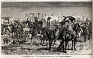 En hestetur i Shurakhan (Kirgisistan eller Kirgisistan). Tegning af Emile Bayard (1837-1891), for at illustrere rejsen til Centralasien, i 1863, af Arminius Vambery (ungarsk videnskabsmand forklædt i dervish). Indgravering i "" Le tour du monde"", redigere af Unknown artist