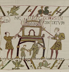 Et hus er brændt af normannerne, Bayeux Tapestry (uldbroderi på linned) af Unknown artist