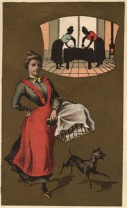 En vaskemaskine, der bærer vasketøj i en kurv. Anonym kromolitografi, slutningen af det 19. århundrede. af Unknown artist