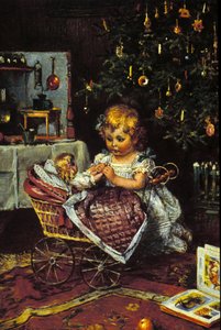 En lille pige opdager dukken og barnevognen under juletræet. 19. århundrede af Unknown artist