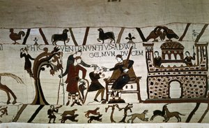 En budbringer til hertug Guillaume (1027 - 1087) - Bayeux-tapet, kendt som Broderi af Dronning Mathilde af Unknown artist