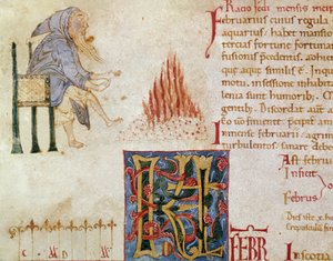 En munk varmer sine fødder foran et bål, februar måned. (miniature af Unknown artist