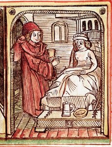 En læge giver sin patient en behandling lavet med lægeplanter Gravering fra "Tractatus de pestilentia"" 15. århundrede - Prag, Nationalbiblioteket af Unknown artist