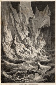En isbjørn stammer fra et isbjerg efter kollapset af en isblok fra Spitzberg, en øgruppe i det arktiske hav, tegnet af V.Foulquier, for at illustrere Spitzberget i 1838-1839, af Charles Martins. Indgravering i "" Le tour du monde"", redigeret af af Unknown artist
