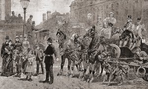 En politimand stopper trafikken i et travlt kryds for at give fodgængere mulighed for at krydse vejen, London, England af Unknown artist