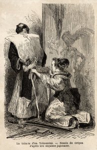 En samurais toilet, en ung stuepige hjælper hende med at binde sin kimono. Indgravering til illustration af rejsen til Japan i 1863-1864 af Aime Humbert, minister for Det Schweiziske Forbund, i "" Le tour du monde, nouveau journal des voyages"" udgivet und af Unknown artist