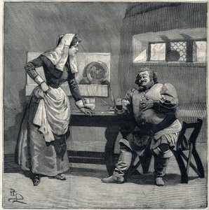 En scene af "Falstaff" fra Operaens eponym af Giuseppe Verdi blev skabt i 1893. Indgravering i "" Le Parisien"" af Unknown artist