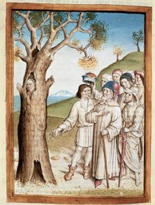 En eftersøgningsmand gemmer sig i en miniature træstamme fra en tysk oversættelse af fablerne om Bidpais "Kalila (Calila) og Dimna". (ms. 1389, fol. 36) omkring 1480 Chantilly, musee Conde af Unknown artist