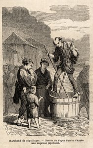En skallehandler midt på gaden rejser sig i balance på tønden med hans varer, som han slæber med to lange spisepinde. Indgravering til illustration af rejsen til Japan i 1863-1864 af Aime Humbert, minister for Det Schweiziske Forbund, i "L af Unknown artist