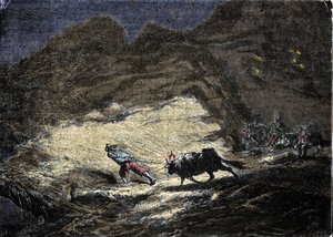 Et skibsvrag (pirat) bruger et lys, der hænger på hovedet af en okse til at bedrage skibe, der så nærmer sig kysten og befinder sig i døren til plyndrer. Indgravering af det 19. århundrede. af Unknown artist