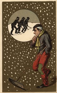 En snesamler med sin skovl. Anonym kromolitografi, slutningen af det 19. århundrede. af Unknown artist