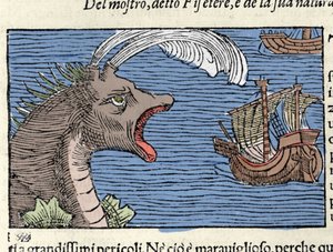 En kaskelothval (?) (physeter) angriber et skib. Gravering af Olaus Magnus (1490 - 1557), svensk religiøs og geograf, "Nordens Nations Historie", Venedig af Unknown artist