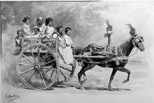 En traditionel siciliansk vogn. 1800-tals gravering af Unknown artist