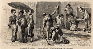 En rejsende blækspruttehandler tilbyder sine produkter til forbipasserende på Edo Street (eller Yedo Street, nu Tokyo). Indgravering til illustration af rejsen til Japan i 1863-1864 af Aime Humbert, minister for Det Schweiziske Forbund, i "Le tour du monde af Unknown artist