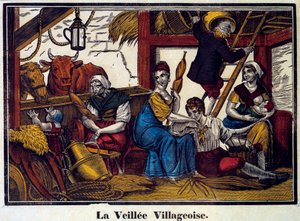 En landsbys natteliv: en familie af bønder i en lade. Indgravering af det 19. århundrede. Paris, B.N. af Unknown artist