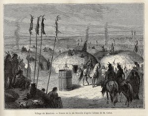 En landsby med mandans-indianere (eller noumah ka kie: fasaner) på venstre bred af Missouri, 600 ligaer fra byen Saint Louis. Gravering til illustration af en udflugt blandt indianerstammerne i bassinerne i Colombia og Upper Missouri, af G. Catlin, i 1. af Unknown artist