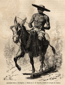 En vandkøbmand i Cartagena (Colombia), vand er knap og hans handel er lukrativ, sælgeren ejer stadig en multe, fylder bambusstammer med væske, som han sælger tilfældigt fra gaderne. Gravering til illustration af rejsen til New Granada af Dr. Saff af Unknown artist