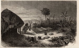 En væver og hans væver, ved bredden af Zambeze-floden. Indgravering til illustration af Dr. Livingstones første rejser til det sydlige Afrika fra 1840 til 1856, i "Le tour du monde, nouveau journal des voyages"" udgivet under ledelse af Edouard Charton af Unknown artist